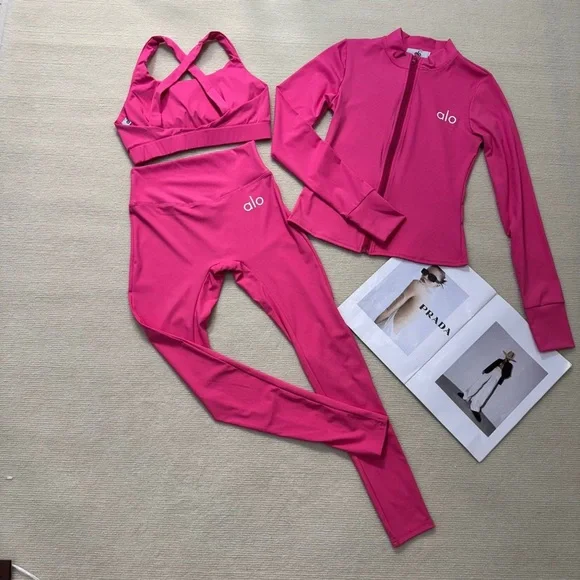 Alo Yoga Raspberry Powder Fitness Yoga Three Piece Set - Picture 5 of 6